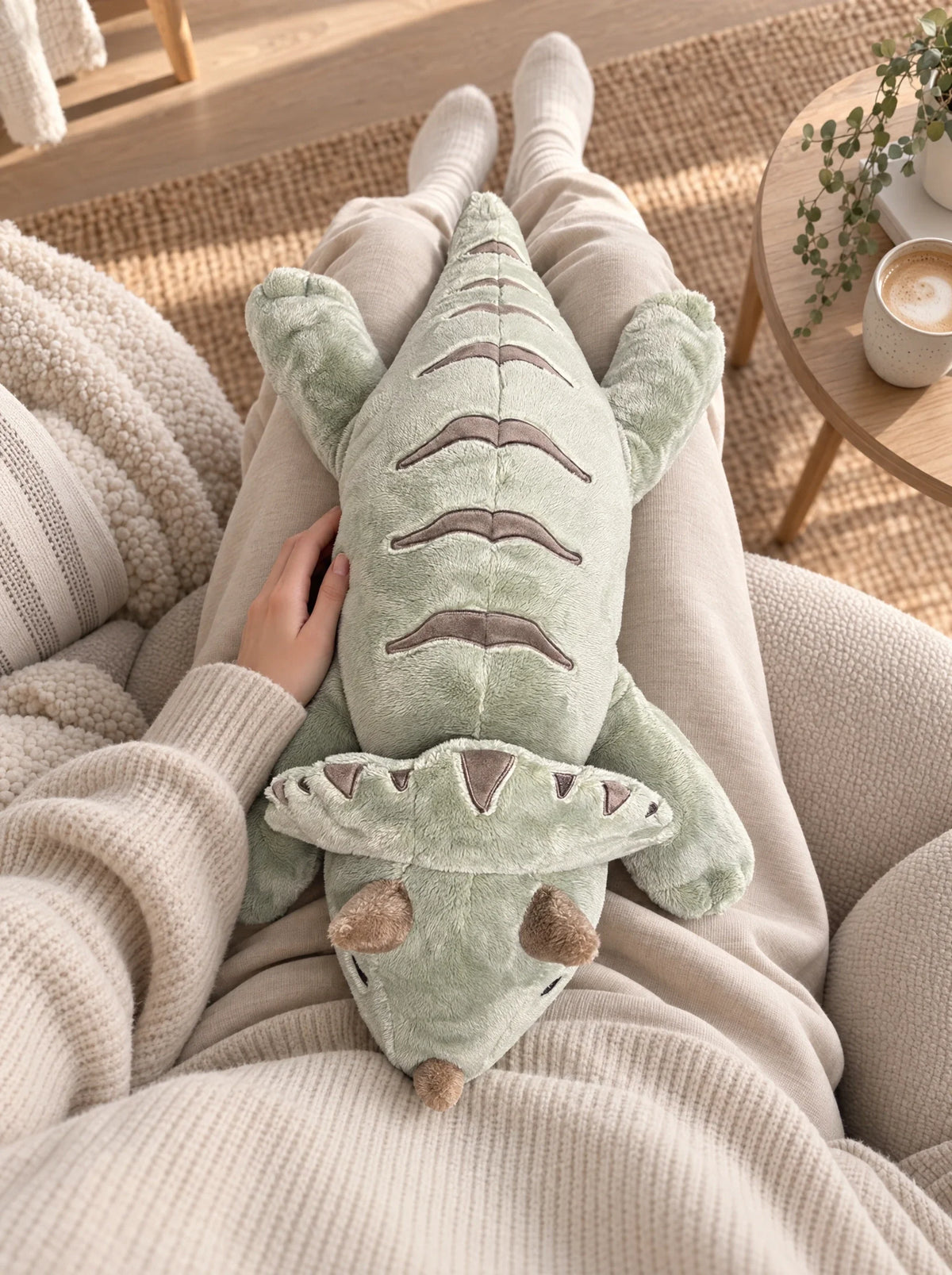 Weighted Dinosaur in Matcha resting in a lap on the sofa #Colour_Matcha