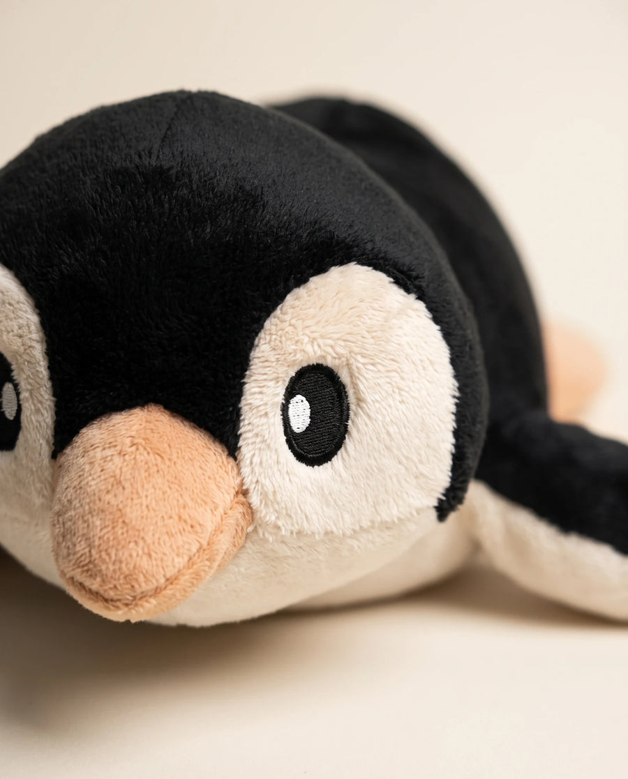 Close-up of the embroidered eyes and soft beak