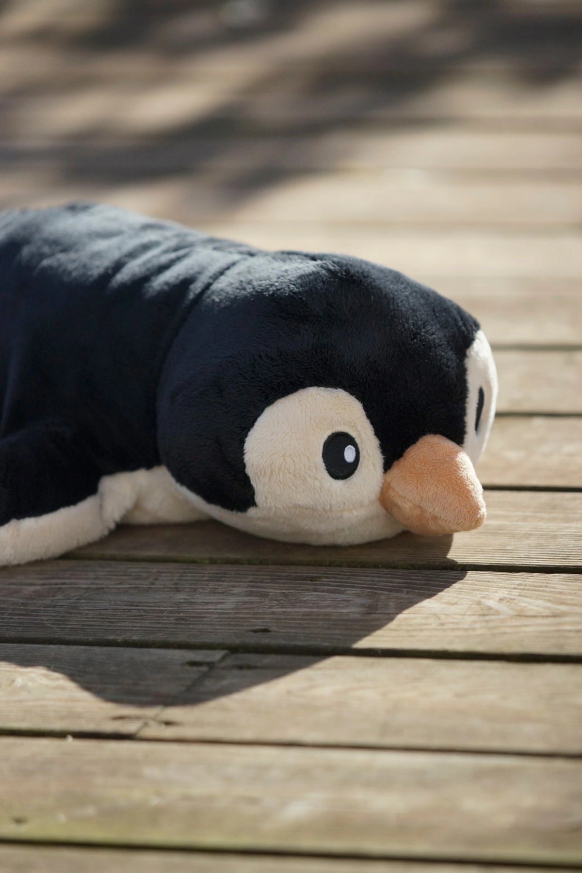 Weighted penguin resting on a wooden deck in the sun