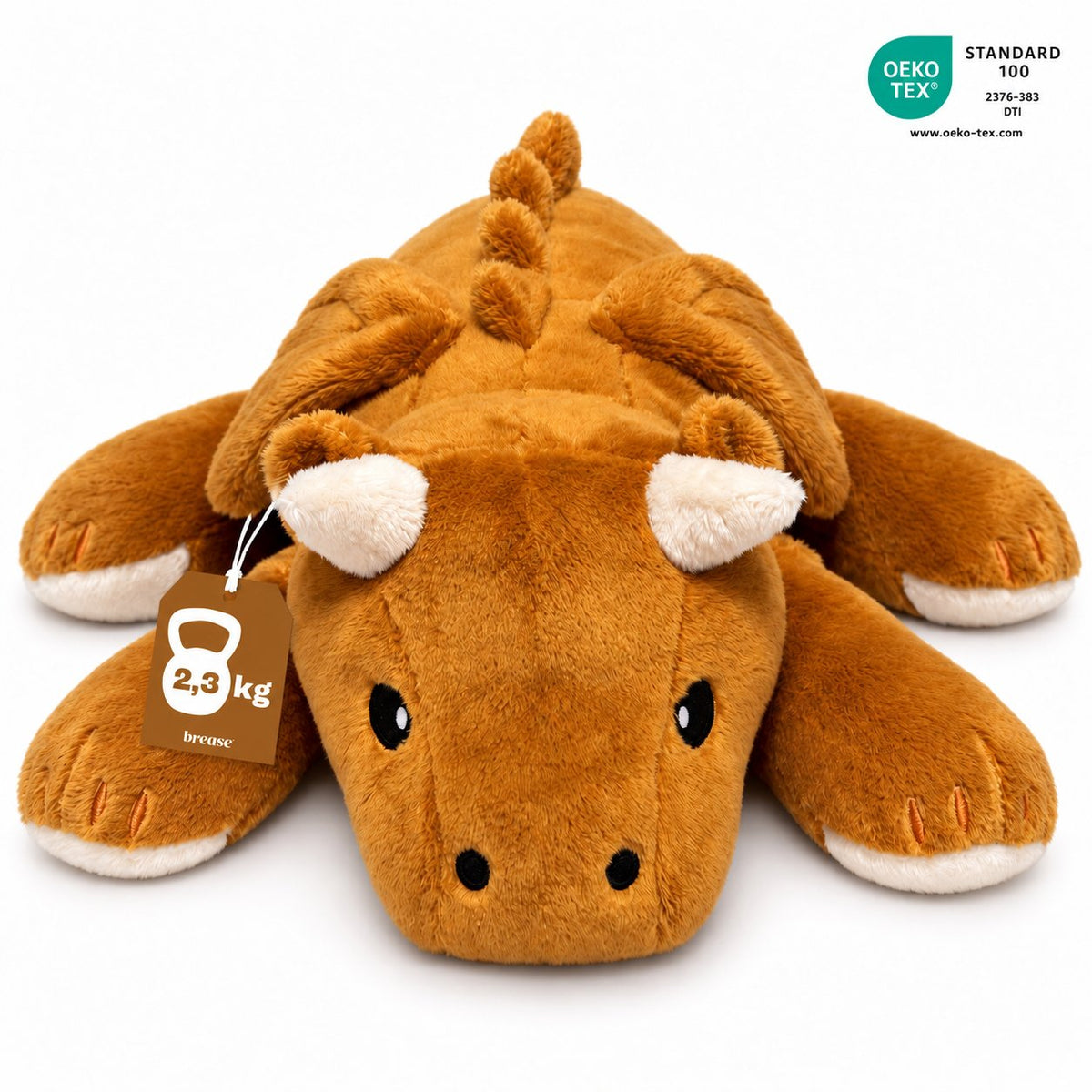 Brease Weighted Dragon 5 lb (2.3 kg) weighted plush, front view, OEKO-TEX Standard 100 certified