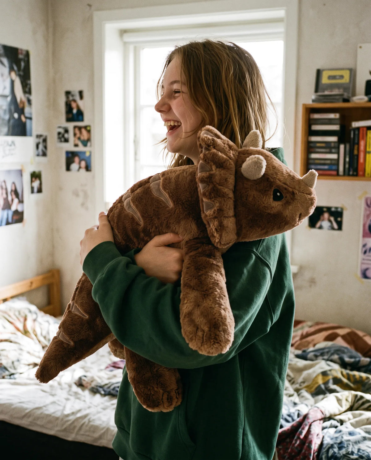 Teenager laughing while hugging the weighted Dinosaur in Coffee in her room #Colour_Coffee