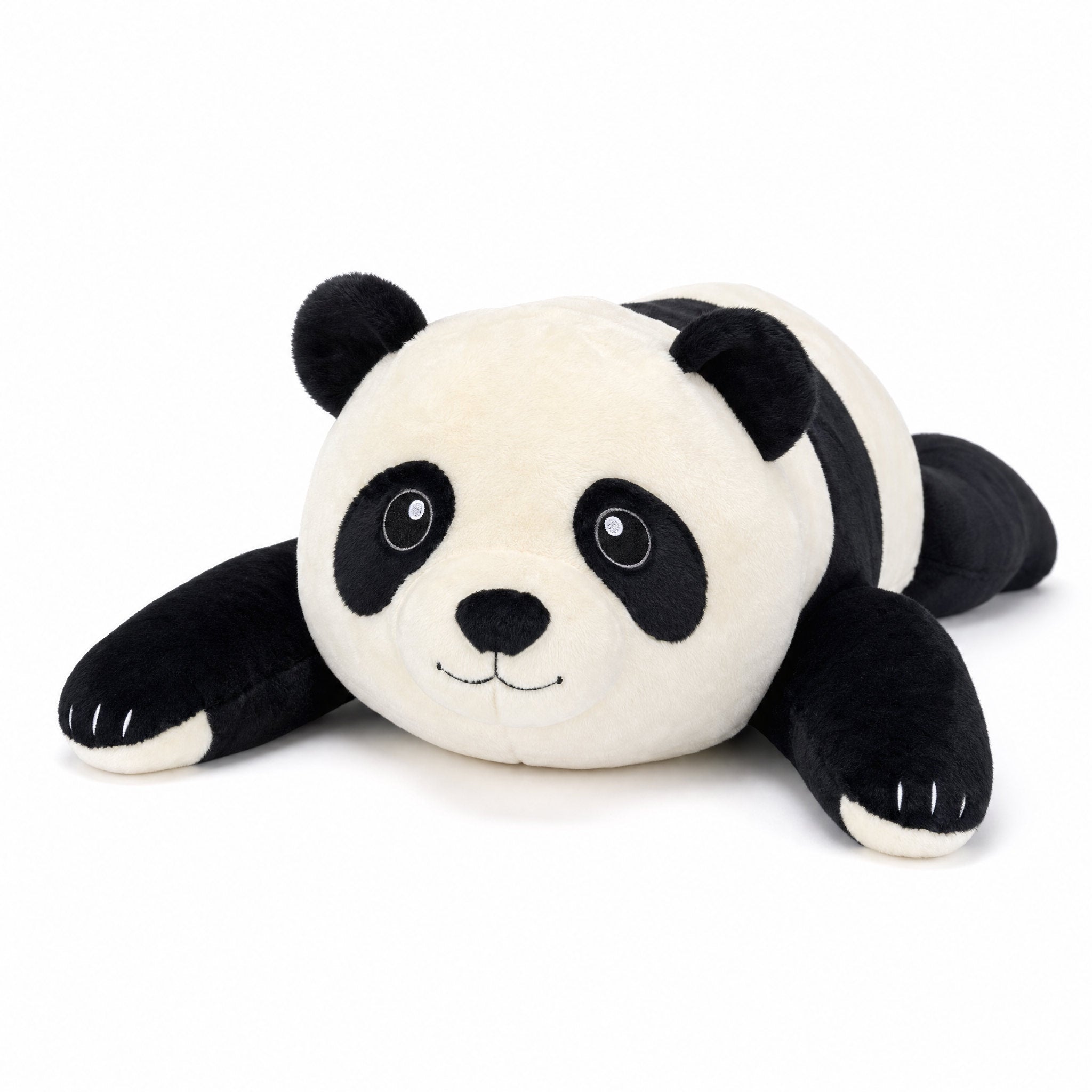 Weighted Panda 5 lb plush resting head on paws, low angle