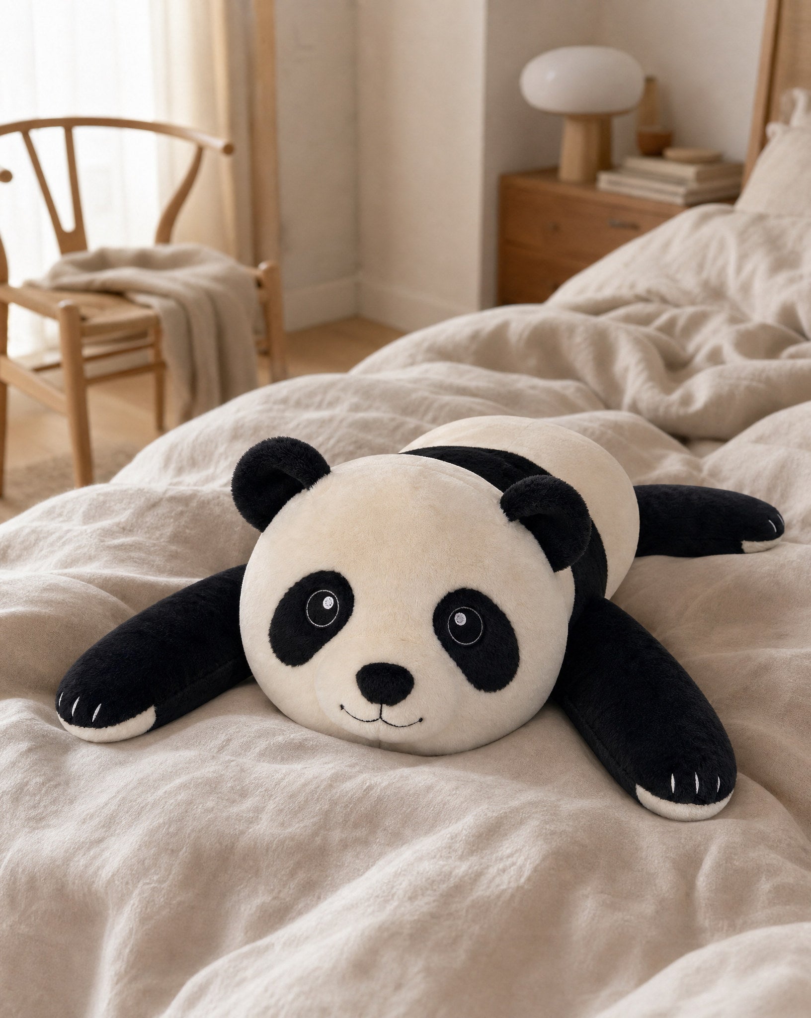 Brease Weighted Panda 5 lb lying on a duvet in a Danish bedroom