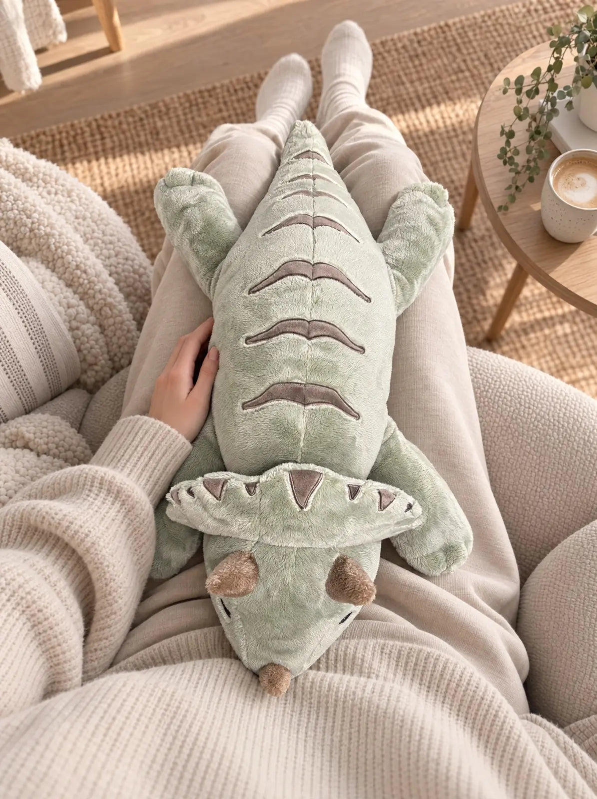 Weighted Dinosaur in Matcha resting in a lap on the sofa