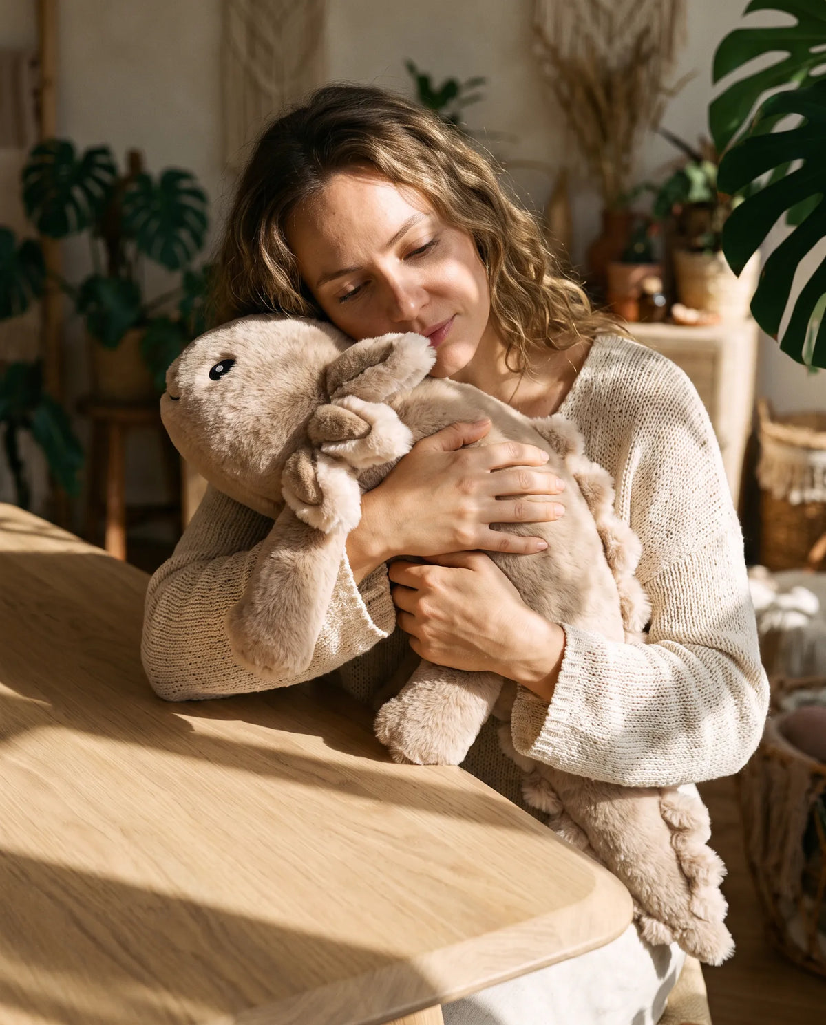 Woman hugging the weighted Axolotl in Mushroom at a sunny table #Colour_Mushroom