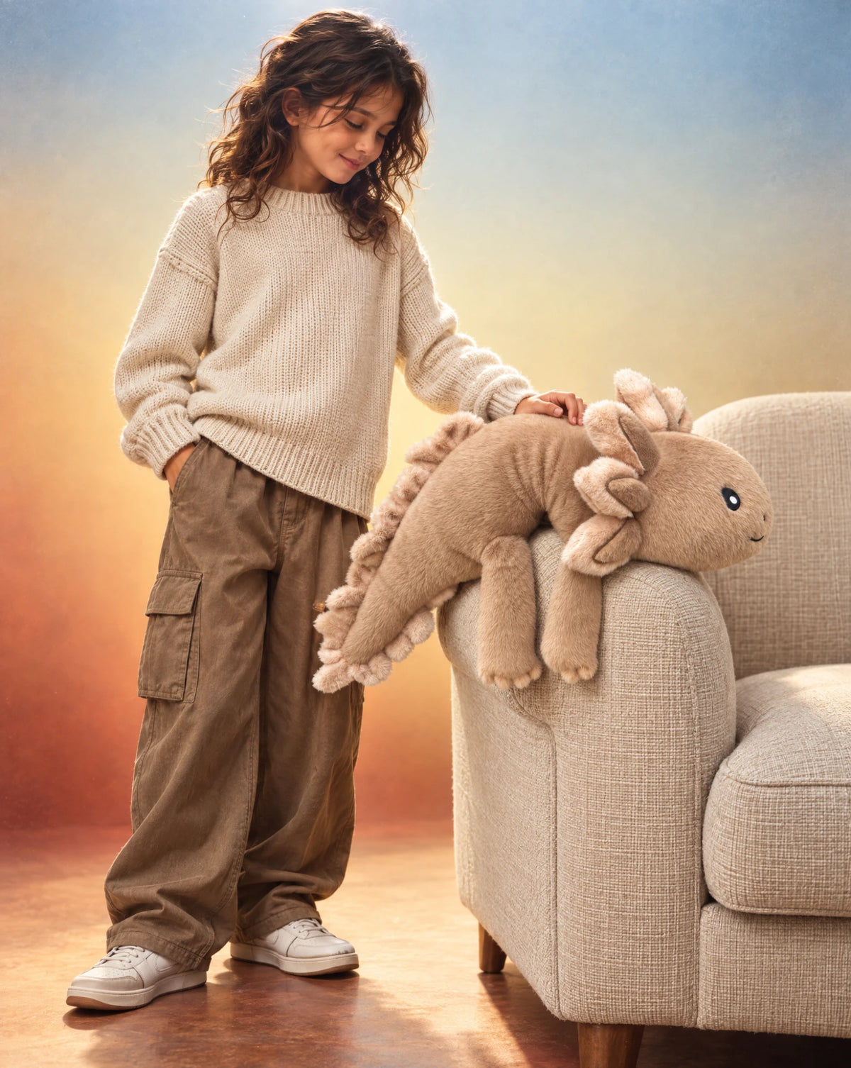Girl resting a hand on the weighted Axolotl in Mushroom on the sofa arm #Colour_Mushroom