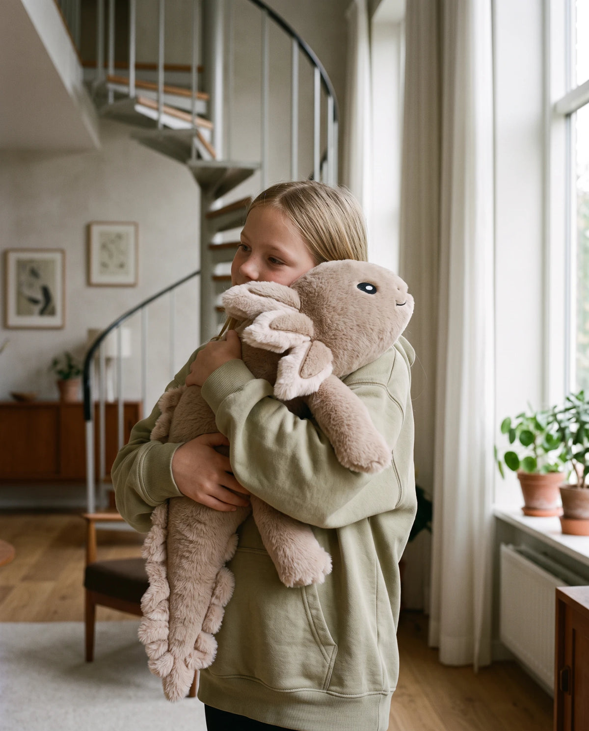 Girl hugging the weighted Axolotl in Mushroom by the window #Colour_Mushroom