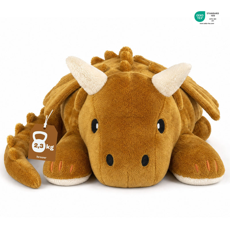 Brease Weighted Dragon 5 lb calming plush, front view with 2.3 kg hangtag and OEKO-TEX Standard 100 certification