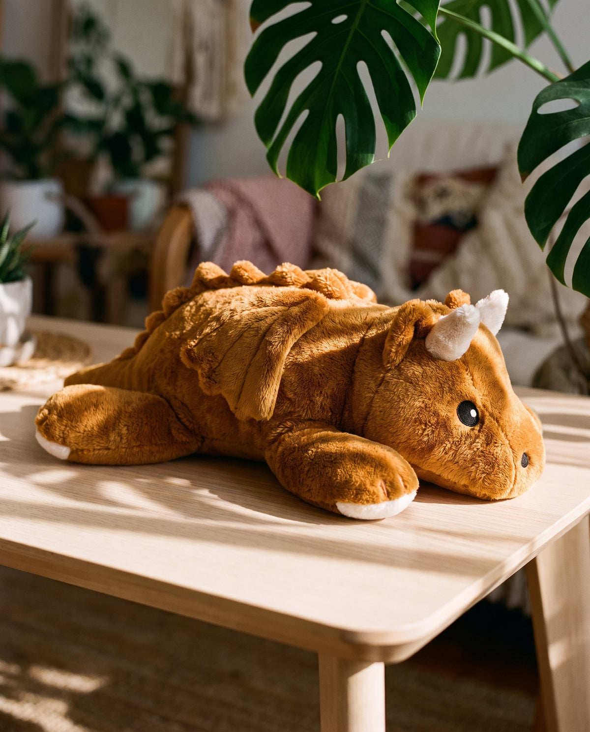 Side view of the Brease Weighted Dragon 5 lb in a sunlit living room, full 60 cm length visible
