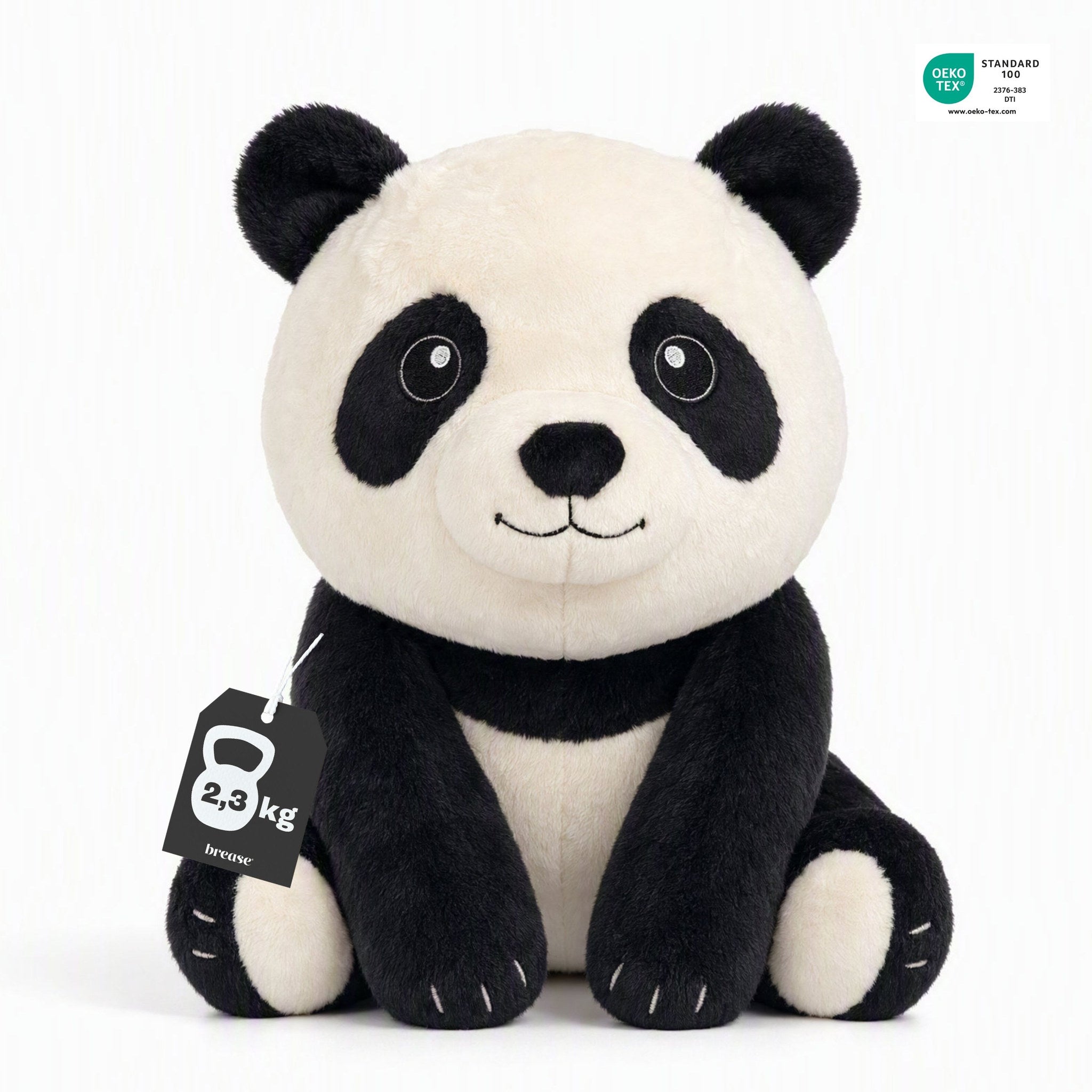 Brease Weighted Panda 5 lb sitting front view with 2.3 kg hangtag and OEKO-TEX Standard 100 certification