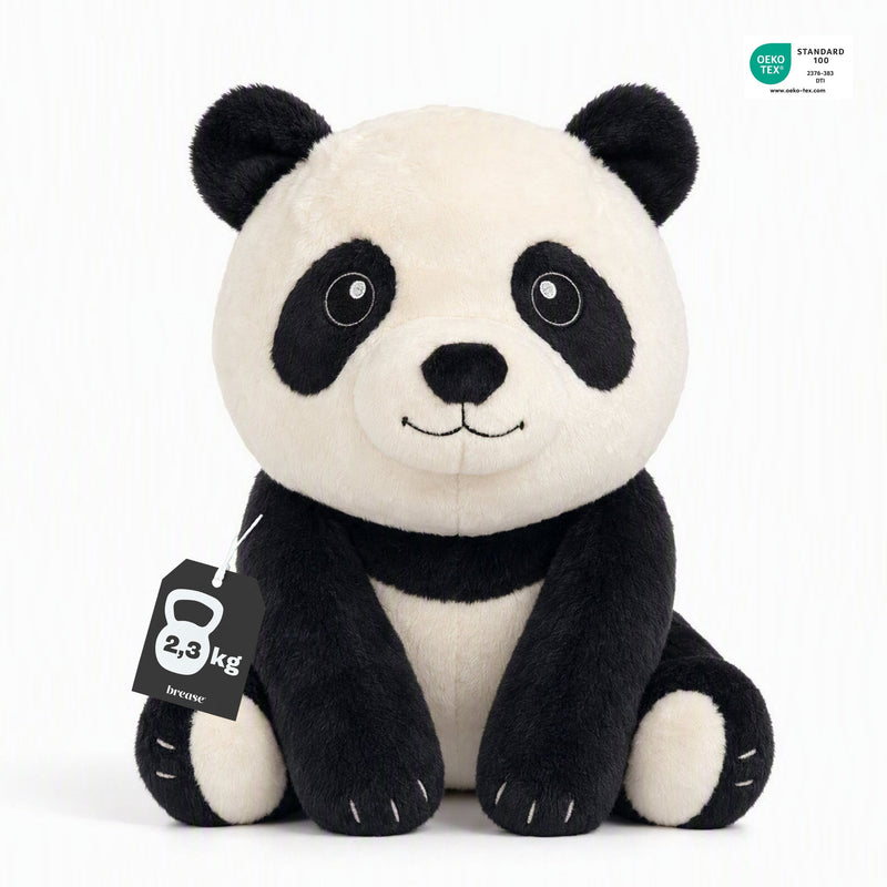 Brease Weighted Panda 5 lb sitting front view with 2.3 kg hangtag and OEKO-TEX Standard 100 certification