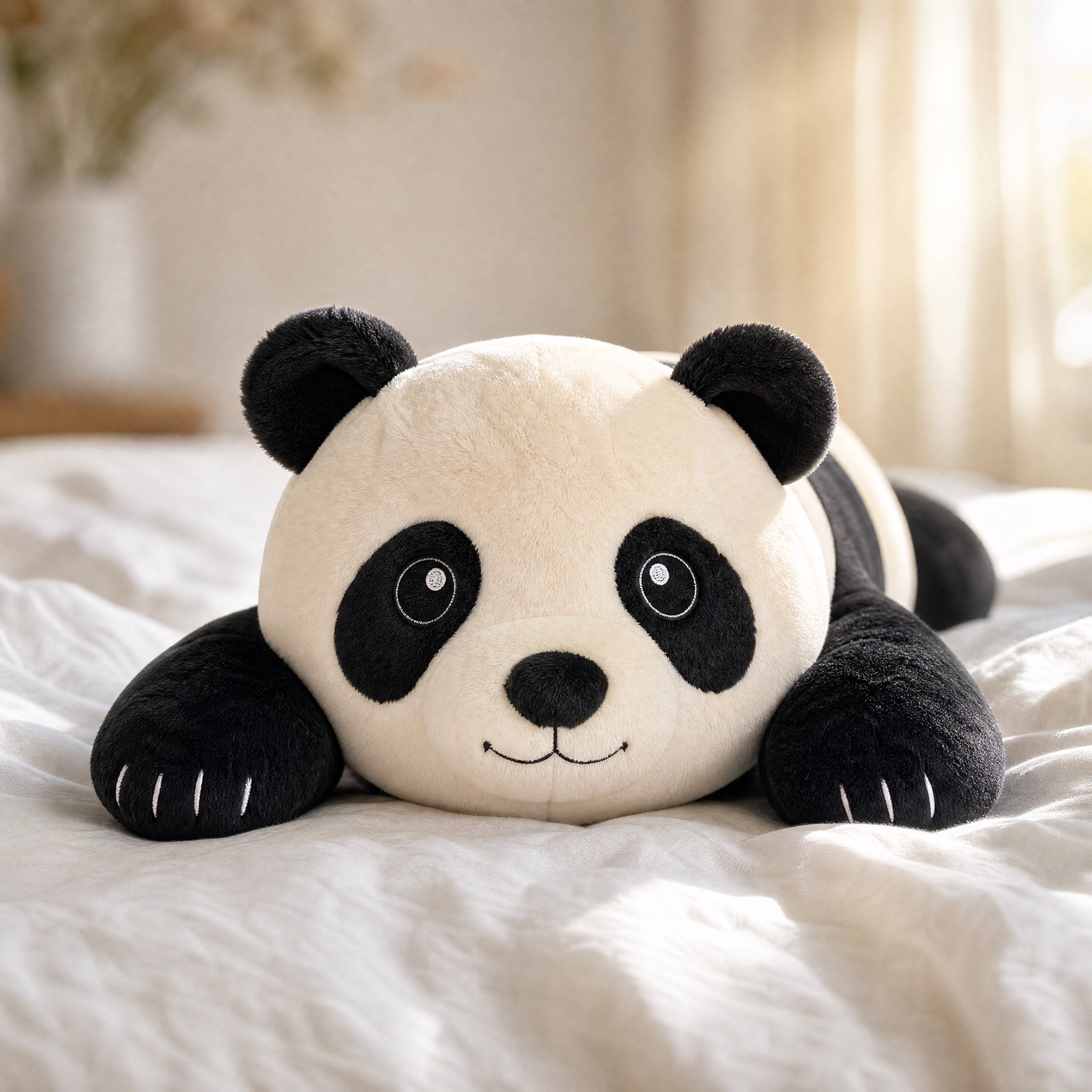 Brease Weighted Panda 5 lb resting on white linen bedding, close up