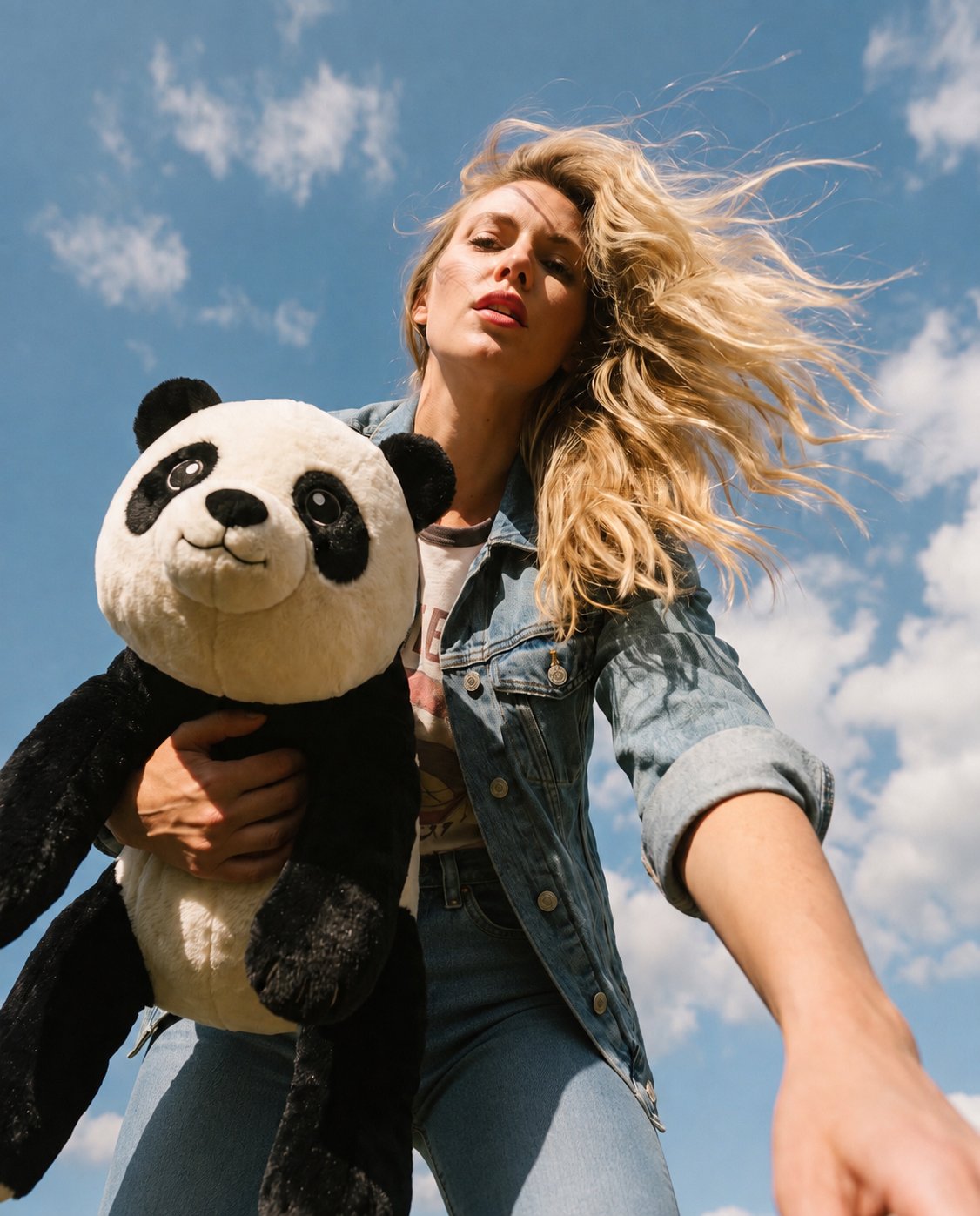 Woman in a denim jacket carrying the Brease weighted panda, low angle against a blue sky