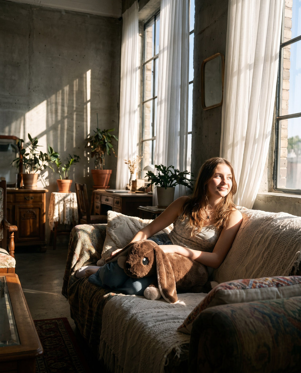 Young woman resting on a sofa in a sunlit loft with the Brease Weighted Rabbit 5 lb lying across her lap